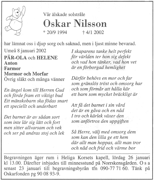 H&auml;r &auml;r Oskars d&ouml;dsannons som vi satte in i VK.